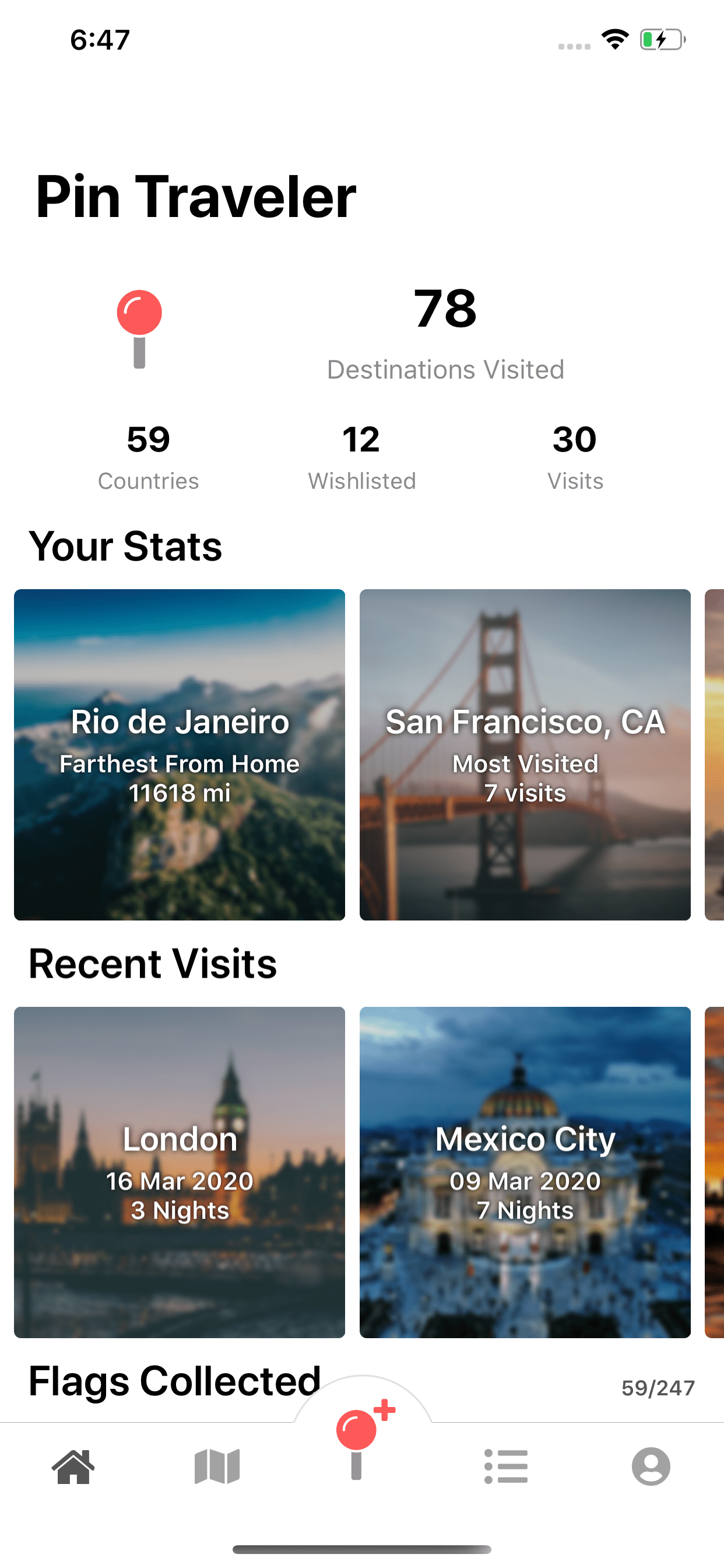 Pin Traveler Travel Statistics Screen